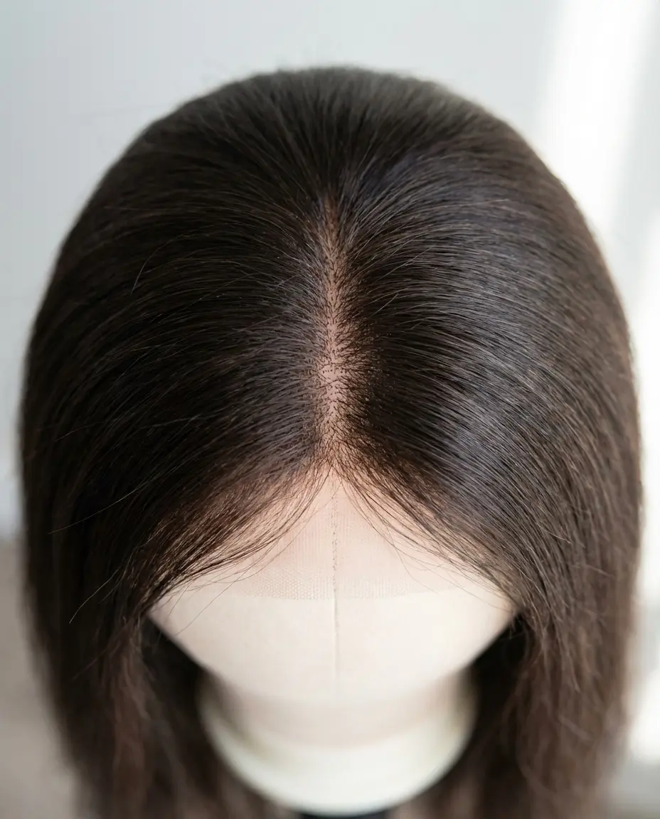 Top-down view of realistic scalp parting on Swiss lace