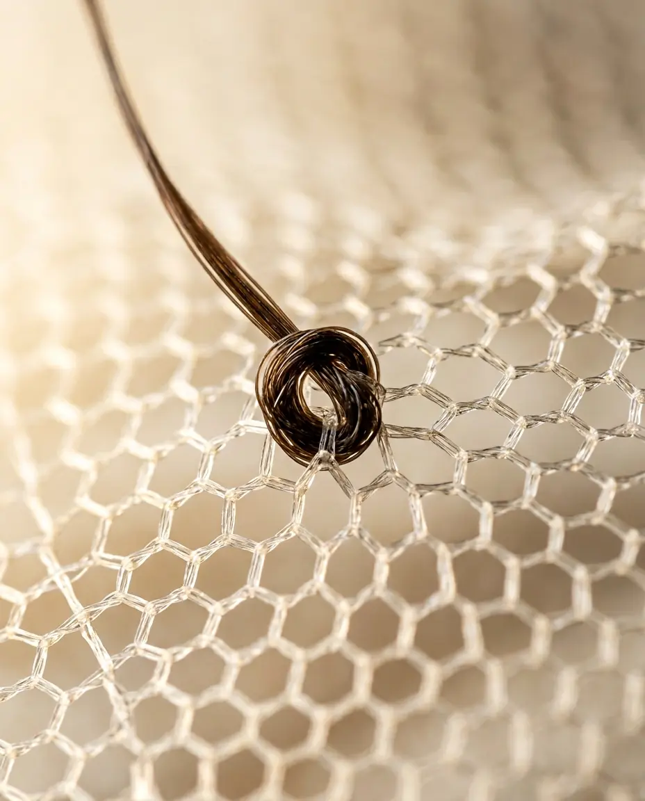 Hand-tied knot construction on LEV integration topper — individual strands knotted by artisan