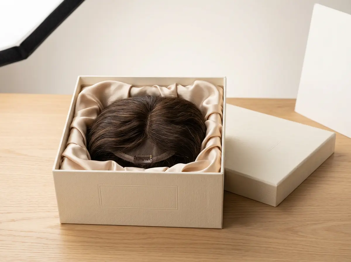 LEV human hair toppers wholesale luxury atelier display — premium packaging champagne ivory