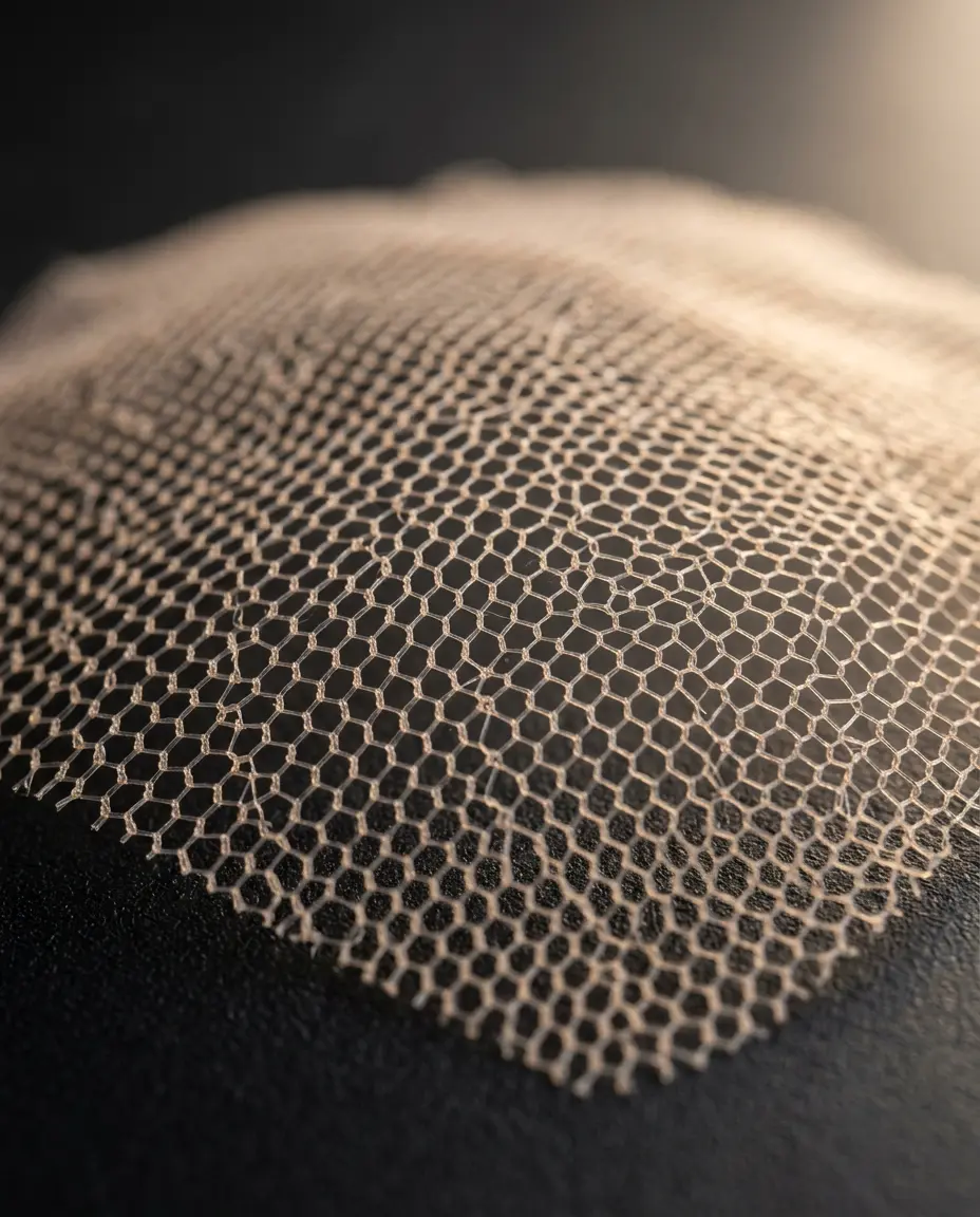 Swiss lace mesh base of LEV integration topper — ultra-fine invisible hairline macro detail