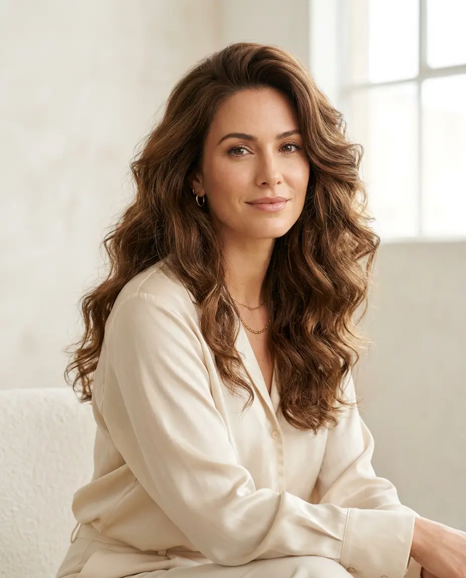 Woman wearing LEV integration topper — natural density seamless blend with thinning hair