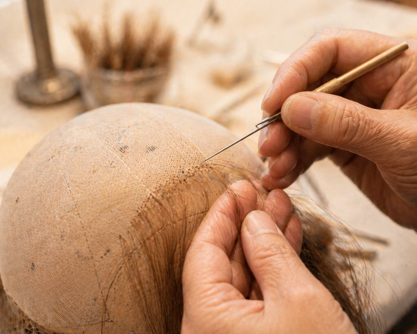 LEV Wigs artisan hand-tying European hair for lace top vs silk top sheitels using traditional ventilating technique in Qingdao workshop