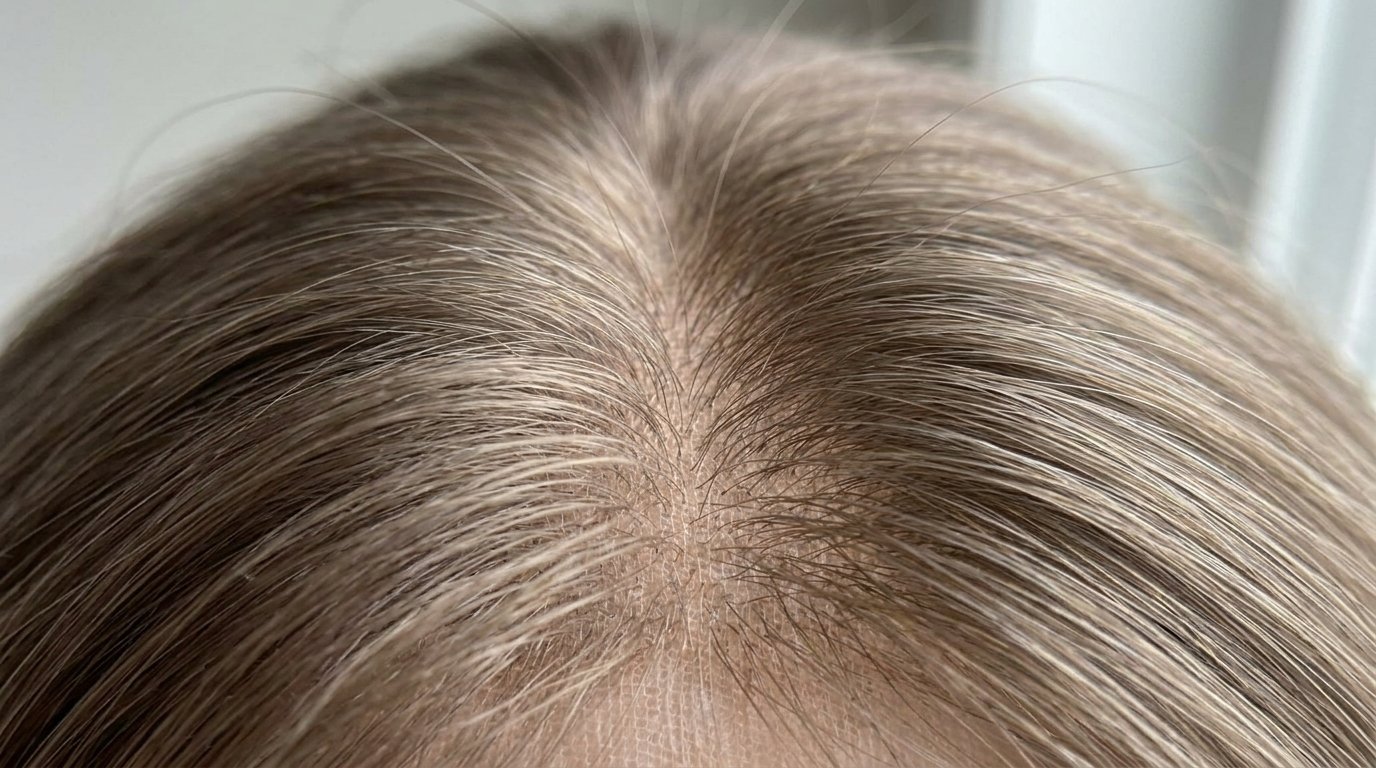 Lace top vs silk top comparison — silk top sheitel part line showing realistic scalp illusion with no visible knots or grid pattern