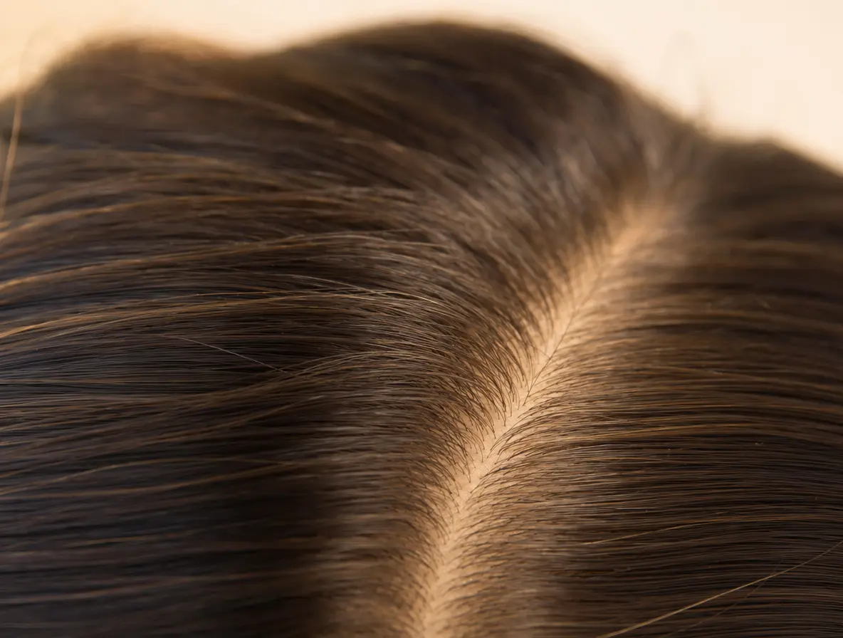 Crown parting close-up of a silk-top sheitel showing hair emerging through the upper silk layer for a scalp-like part
