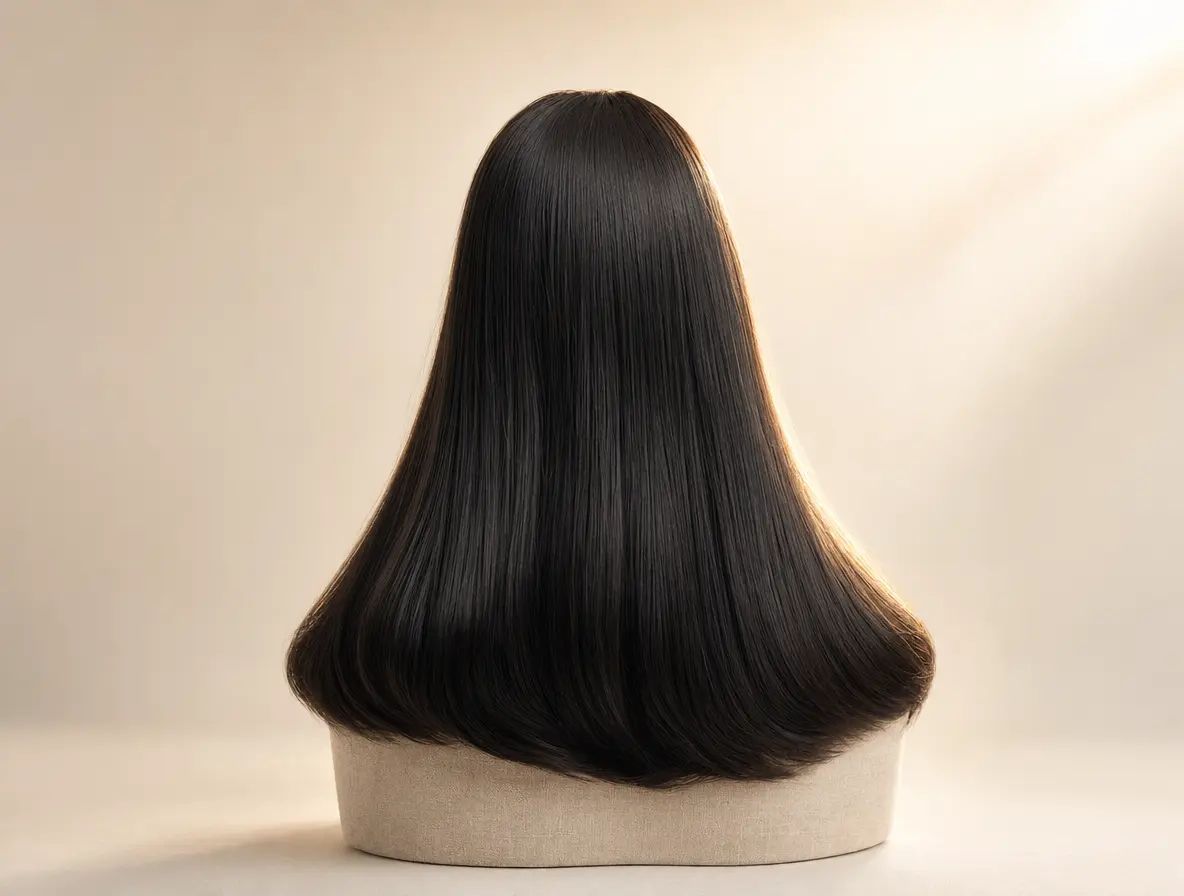 Back view of a finished silk-top sheitel showing full density and the crown-to-nape drape