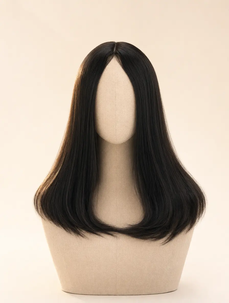 Center-part close-up of a silk-top sheitel showing the scalp-like crown parting where knots are concealed between the two silk layers