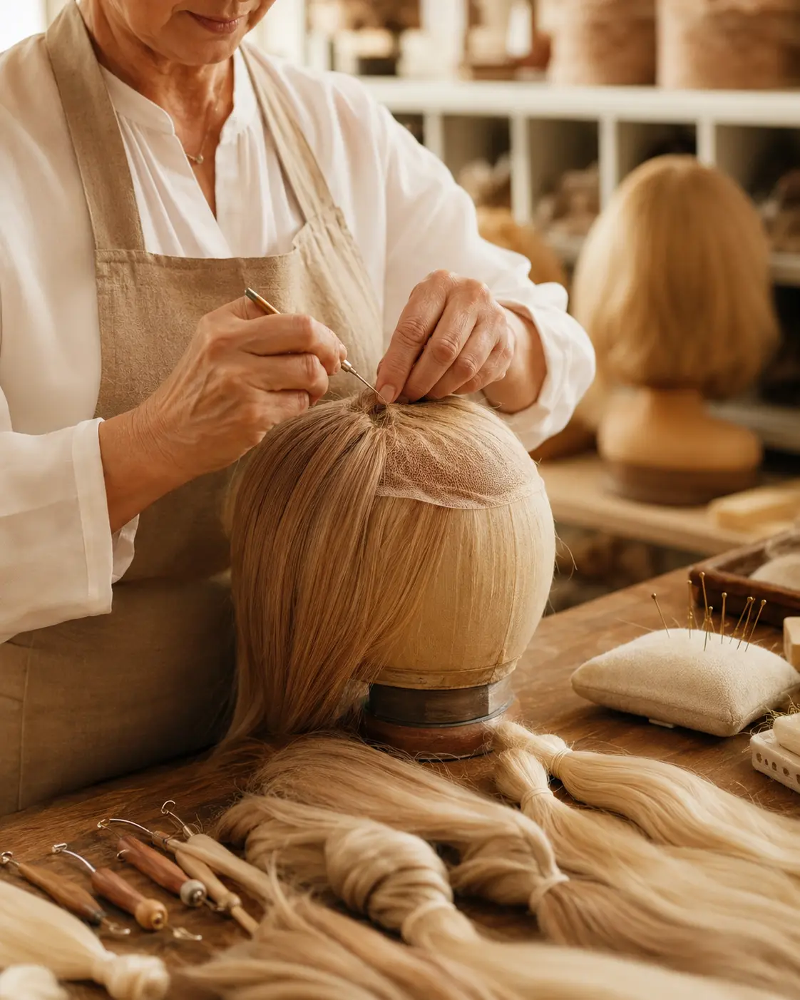 LEV Wigs artisan workshop in Qingdao — master wig maker hand-tying individual hair strands onto a silk top sheitel base under warm studio lighting