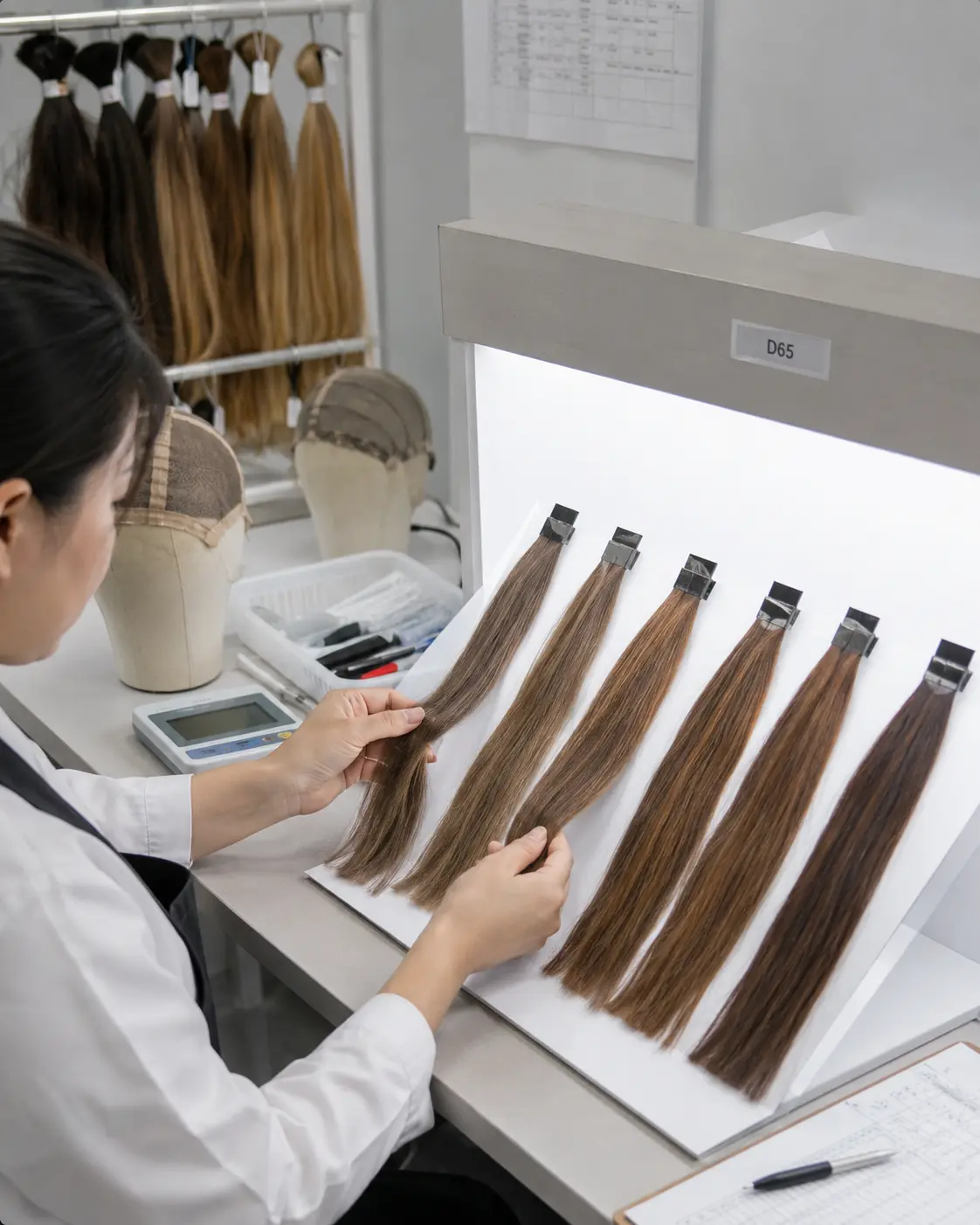 LEV color matching process showing hair swatches compared under D65 standardized daylight lighting