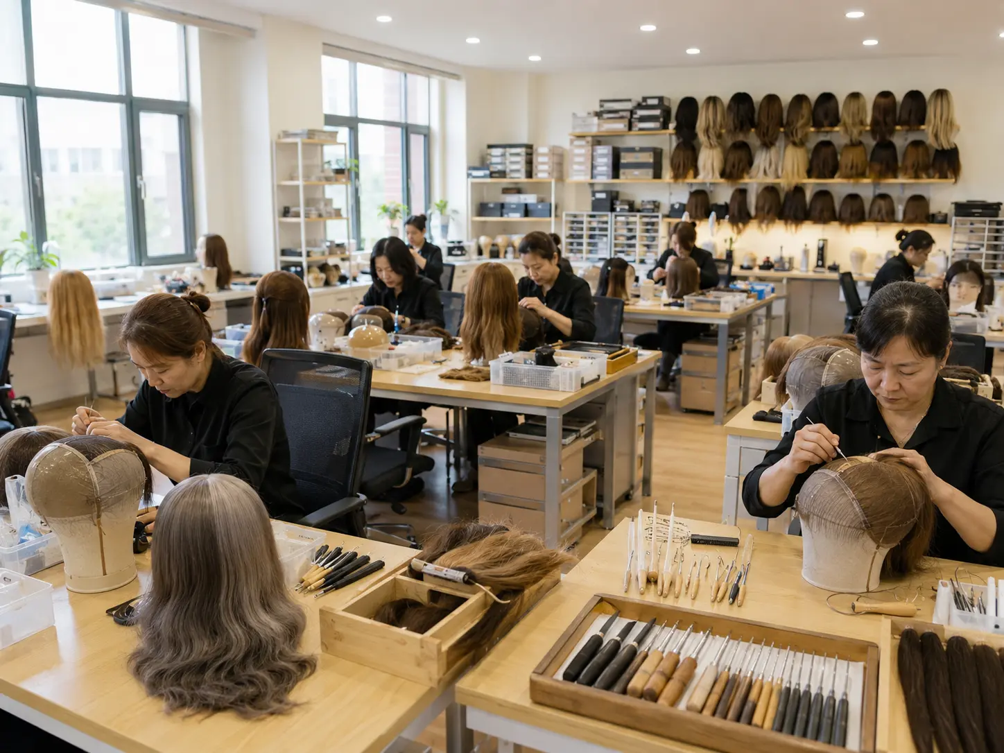 LEV master wig maker hand-tying hair strands onto bespoke lace cap in Qingdao workshop