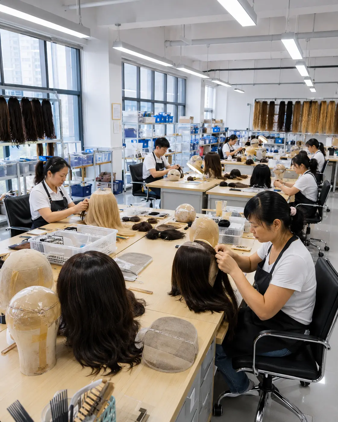 LEV bespoke sheitel wholesale production line showing multiple custom wigs in progress at Qingdao workshop