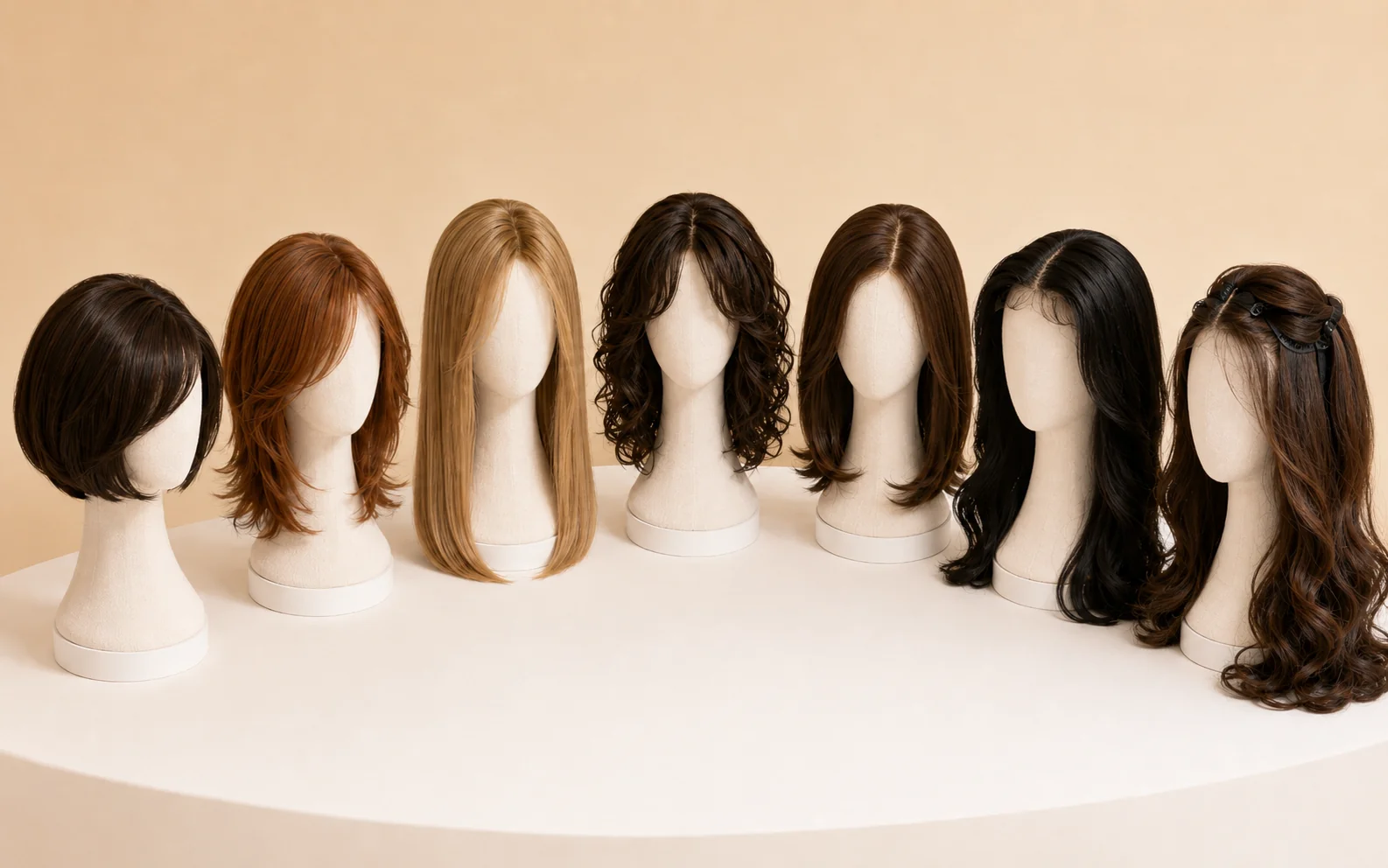 Seven types of Jewish wigs worn by Orthodox women including silk top, lace front, and falls