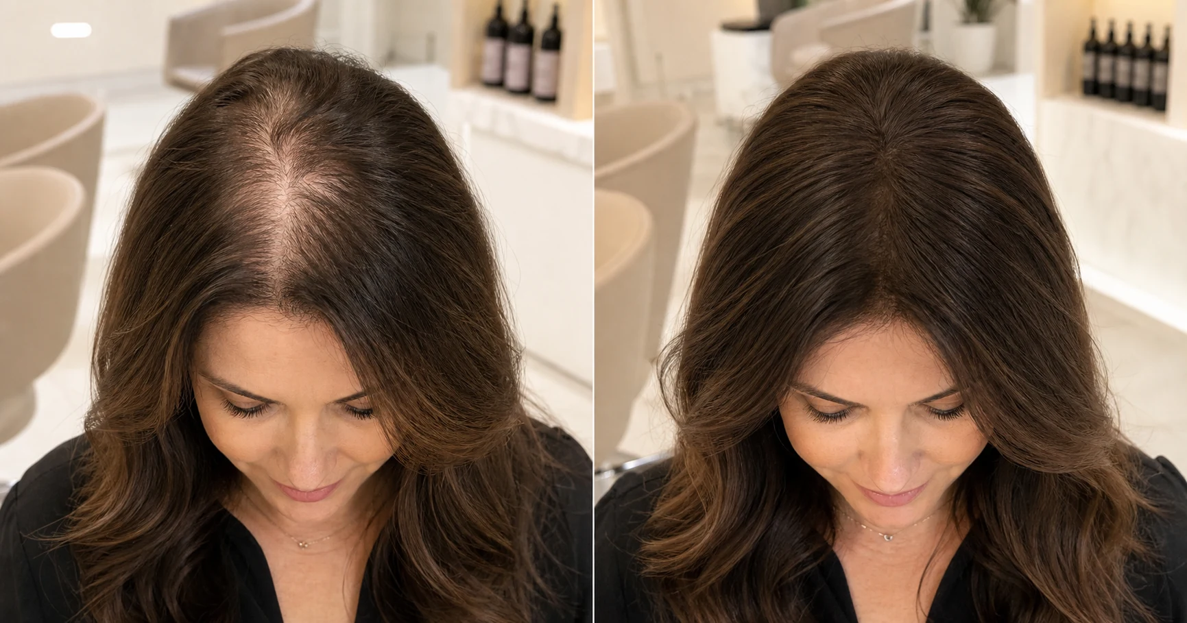 Hair topper covering crown thinning area on woman with natural blend