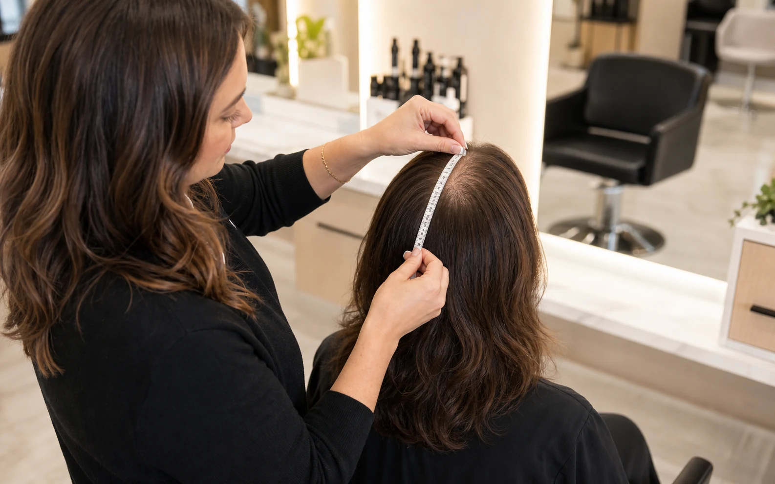 Stylist measuring crown thinning area with flexible tape for hair topper fitting
