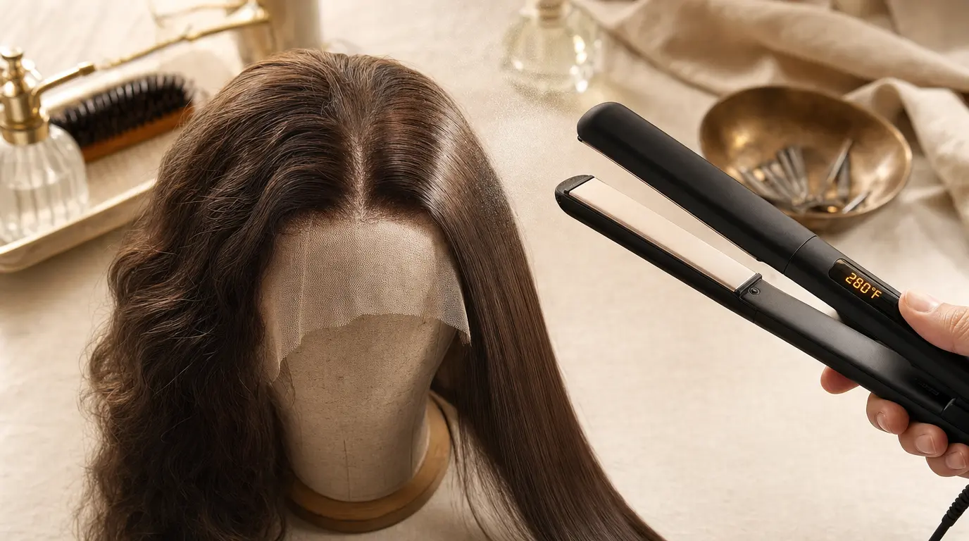Professional heat styling tools arranged beside a lace top sheitel on a canvas block, showing correct temperature settings and distance from the lace base