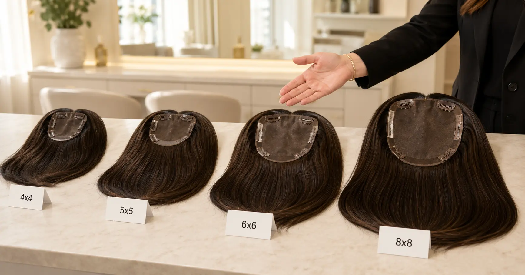 Human hair toppers for thinning hair size chart showing 4x4 5x5 6x6 and 8x8 bases