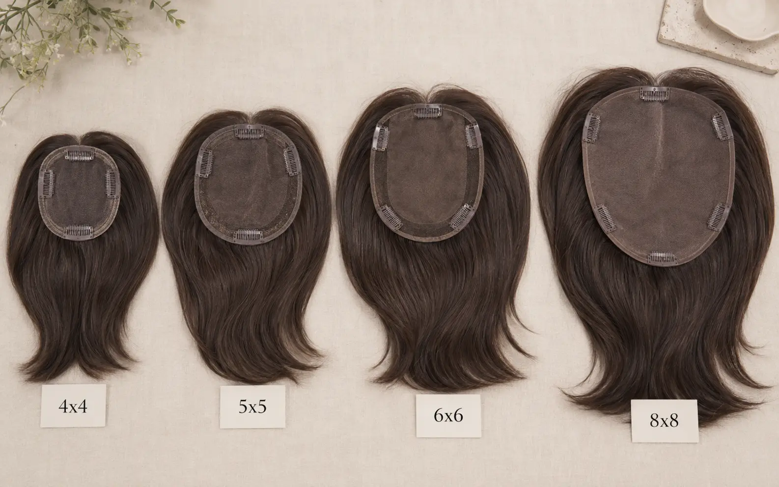 Salon size chart for human hair toppers for thinning hair comparing 4x4 5x5 6x6 and 8x8 bases