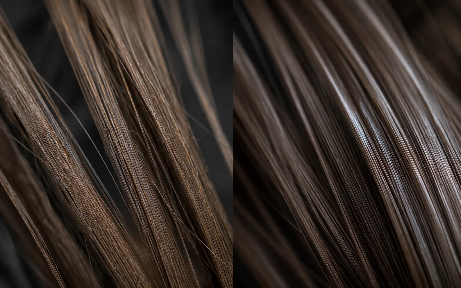 Closeup comparison of Remy human hair strands and kanekalon synthetic fibers