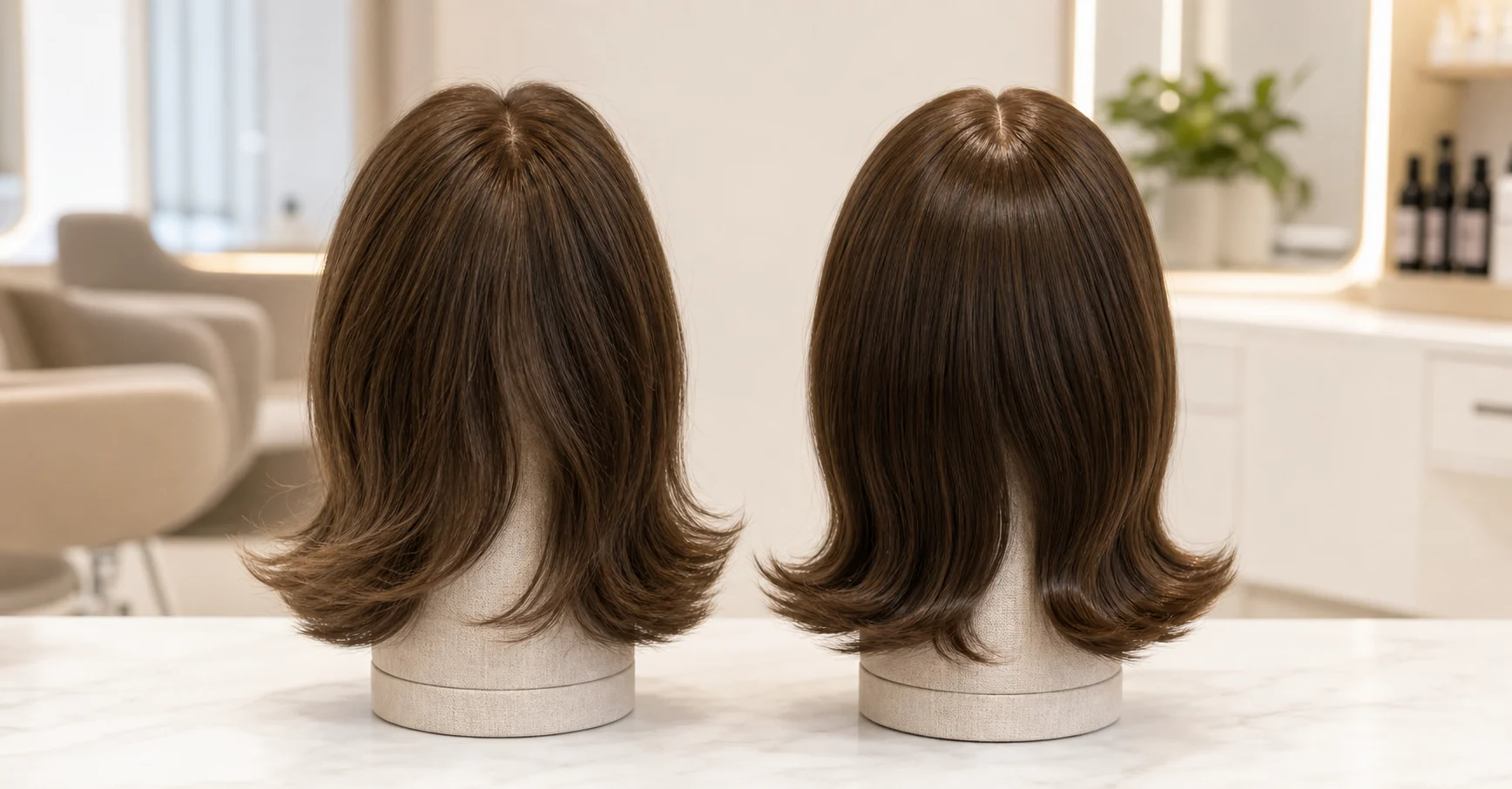 Comparison of human hair and synthetic hair topper fibers side by side
