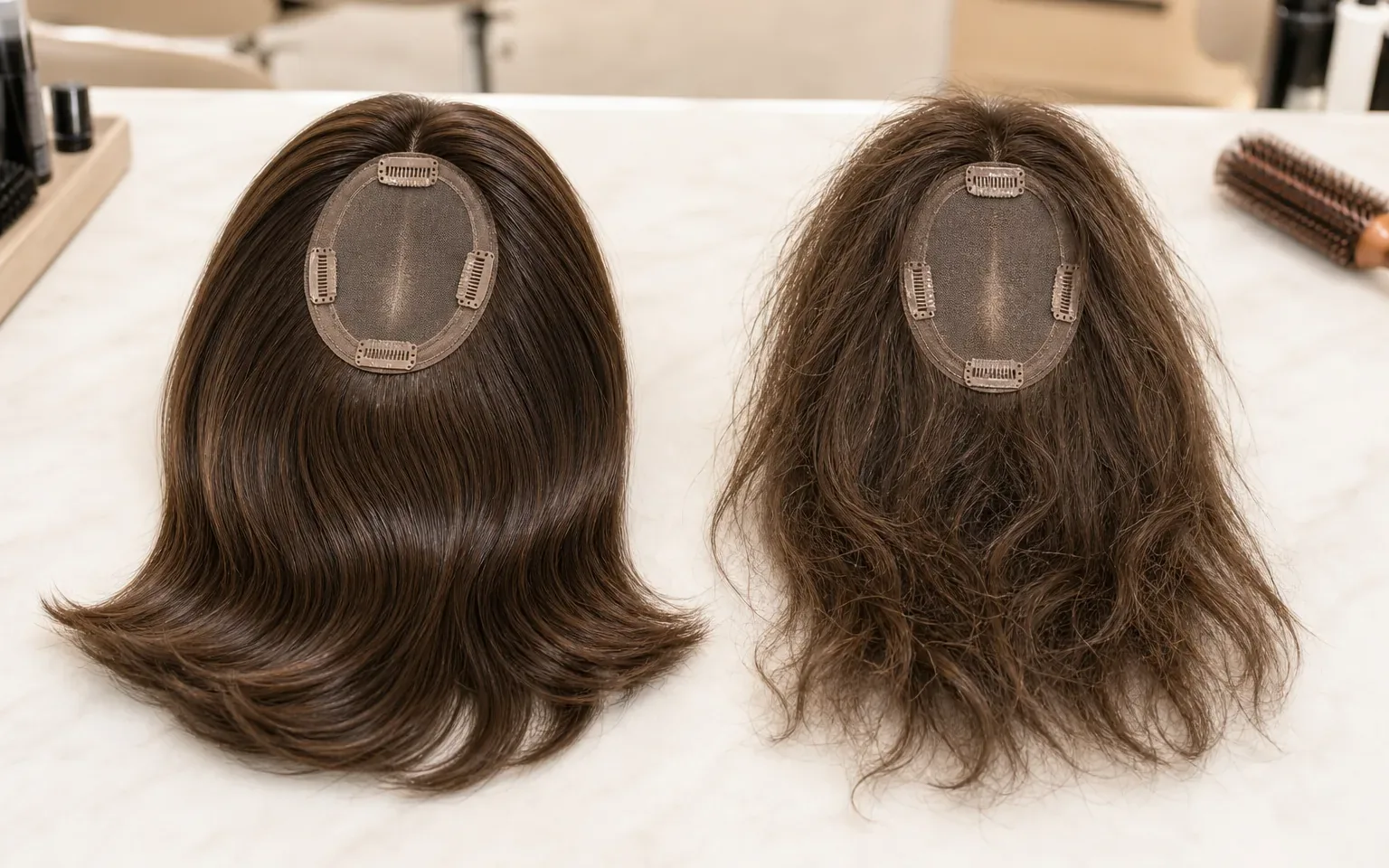 Visual guide showing hair topper lifespan comparison between human hair and synthetic