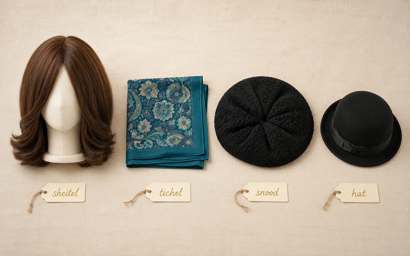 Side-by-side comparison of Jewish head covering types including sheitel, tichel, snood, and hat