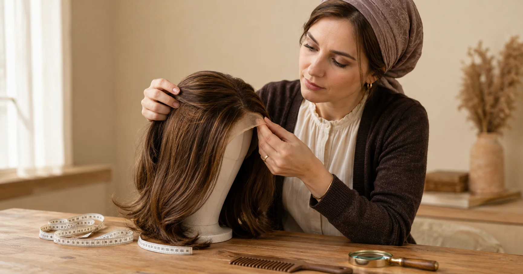 Orthodox Jewish woman examining a sheitel quality under warm studio light while checking lace construction detail