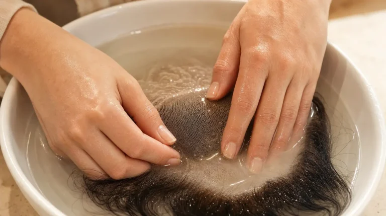 Close-up of gentle lace base washing technique with fingertips on Swiss lace mesh