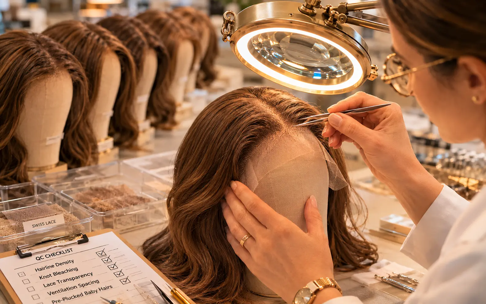Factory technician performing quality inspection on lace front sheitel hairline using magnifying tool at LEV Wigs workshop