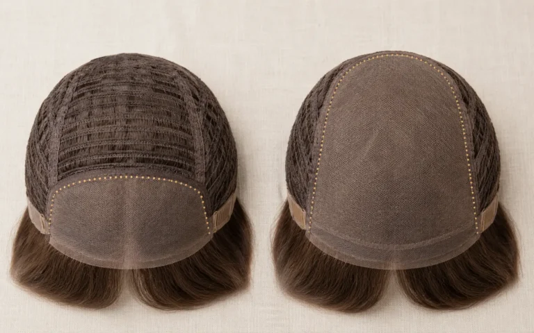 Diagram comparing lace front sheitel with lace only at hairline versus lace top sheitel with full lace coverage across the entire cap top