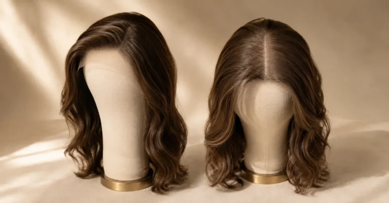 Side by side comparison of lace front and lace top sheitel cap constructions showing Swiss lace hairline and full lace top