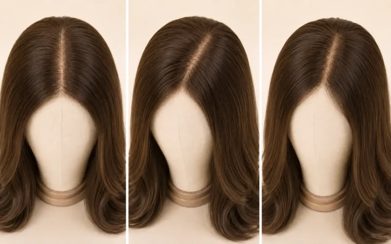 Close-up of lace top sheitel showing freestyle parting at three different positions across the lace cap top with visible scalp effect