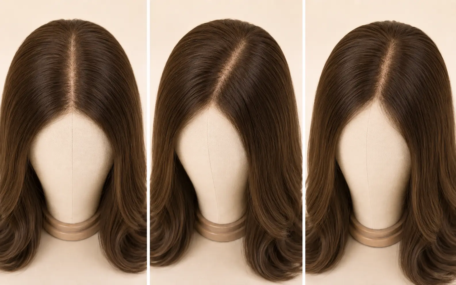 Close-up of lace top sheitel showing freestyle parting at three different positions across the lace cap top with visible scalp effect