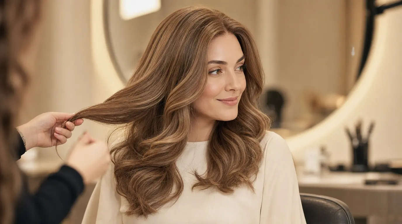 Woman wearing a beautifully styled lace top sheitel with soft waves, professional salon styling session with warm studio lighting
