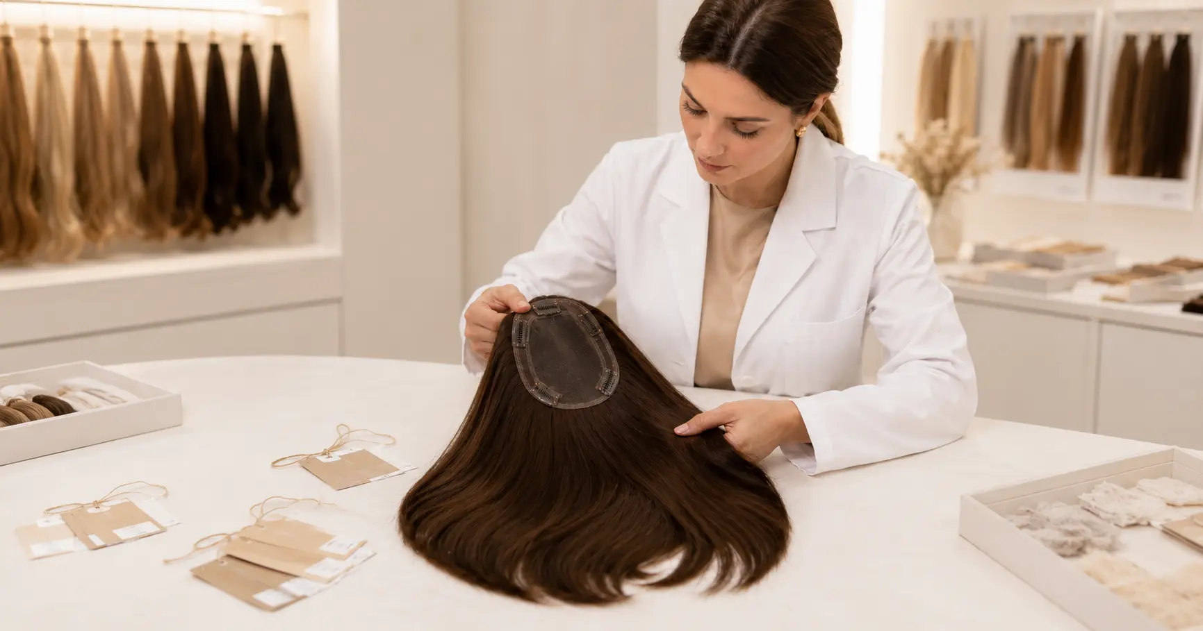 Remy hair topper inspected in a factory sourcing and quality control process