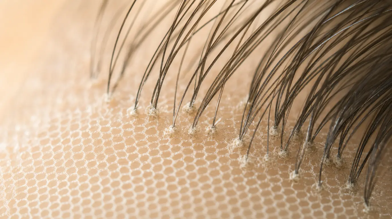 Swiss lace mesh magnification showing hand-tied knots and ventilated hair strands