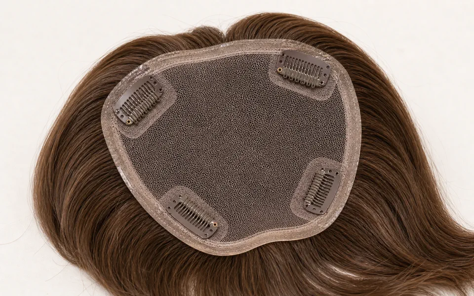 Pressure sensitive clips on hair topper base for secure attachment