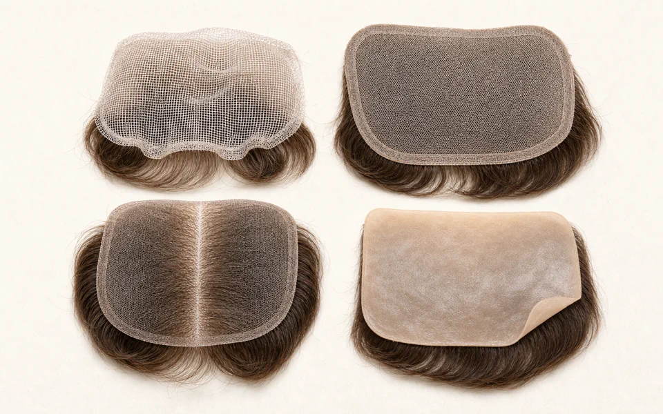 Different hair topper base constructions including silk top and lace front