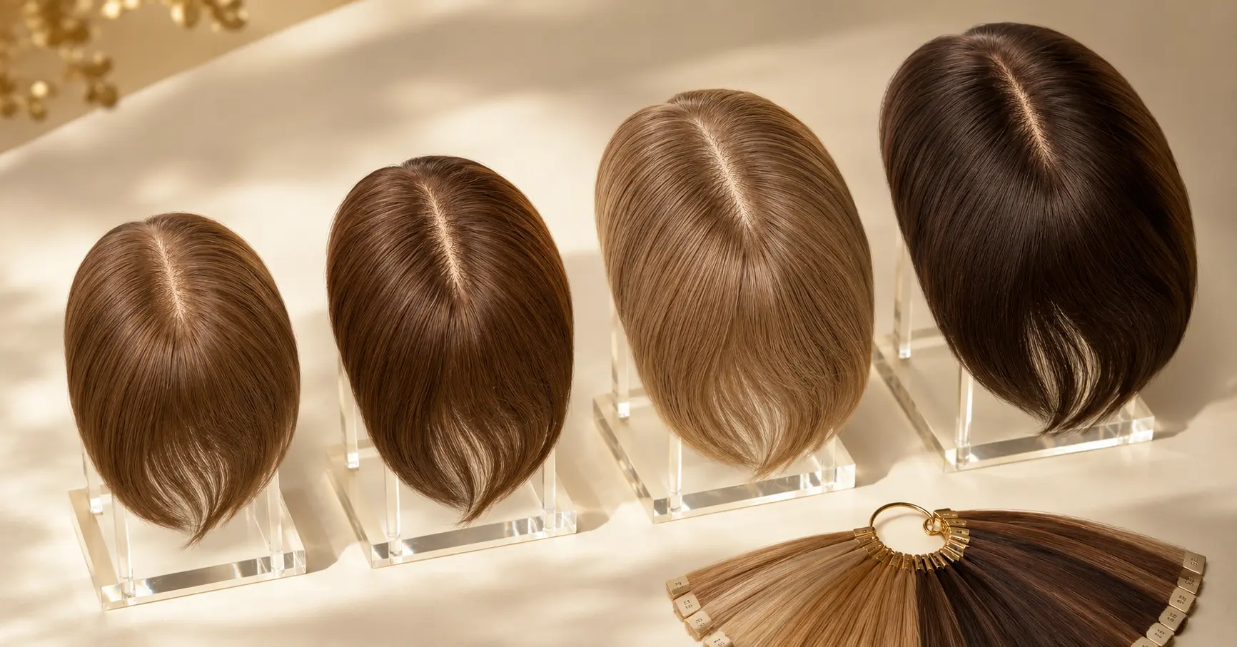 Wholesale silk top hair toppers displayed for salon buyers