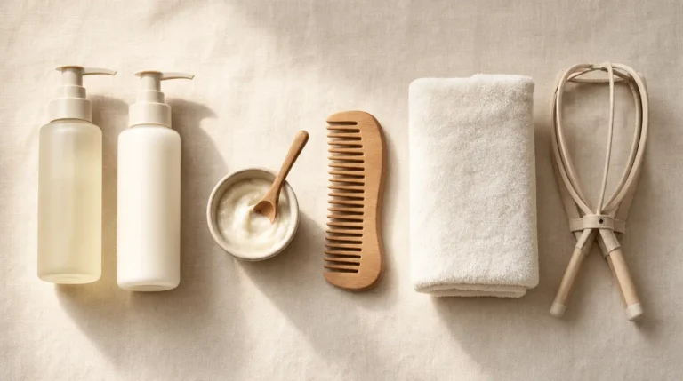 Essential wig care products and tools arranged on a clean surface for sheitel maintenance