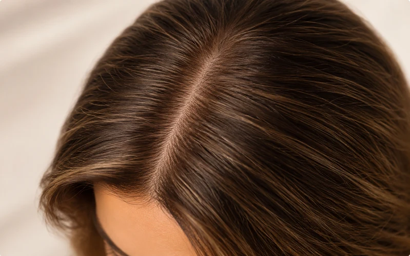 Close-up of a woman's crown showing a natural-looking center part line on a brunette sheitel wig with realistic scalp appearance