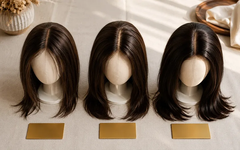 Three different sheitel types laid out side by side with price tier labels showing entry-level, mid-range, and premium construction differences