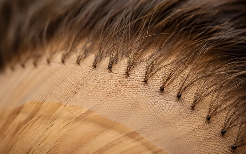 Close-up quality inspection of a sheitel showing hair cuticle detail and hand-tied knot ventilation under magnification