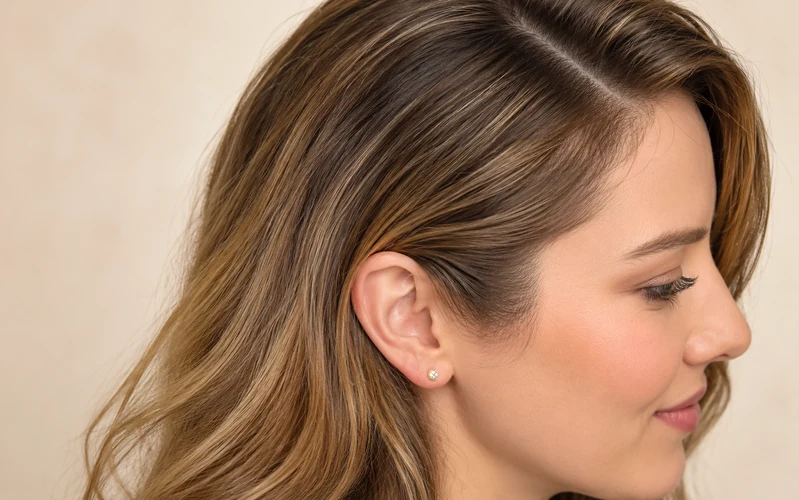 Side profile of an Orthodox woman wearing a brunette sheitel showing natural hairline transition and how the wig frames the face