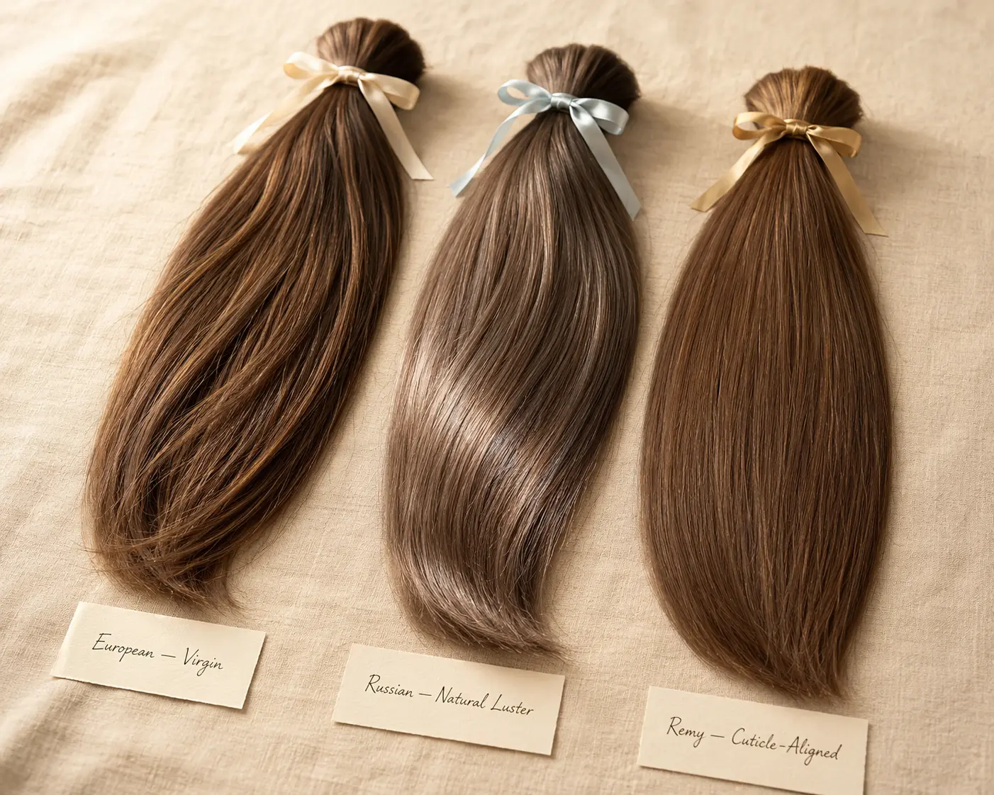 Three bundles of hair sourced for lace top sheitel production showing the visual difference between European virgin hair, Russian hair, and Remy hair in color tone and texture