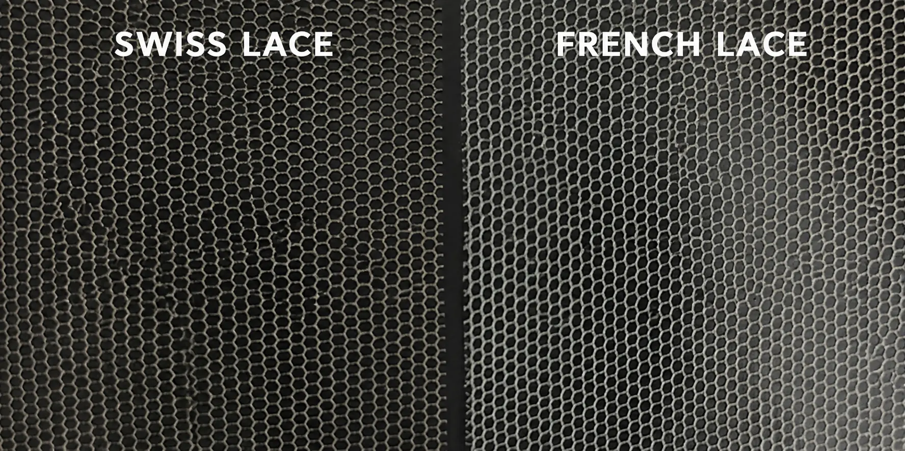 Side-by-side close-up comparison of three lace grades used in lace top sheitel construction — HD lace, Swiss lace, and French lace showing differences in mesh density and transparency