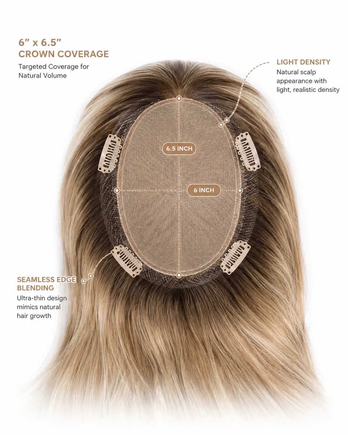 LEV silk top crown topper 6x6.5 inch designed for targeted crown area hair loss coverage