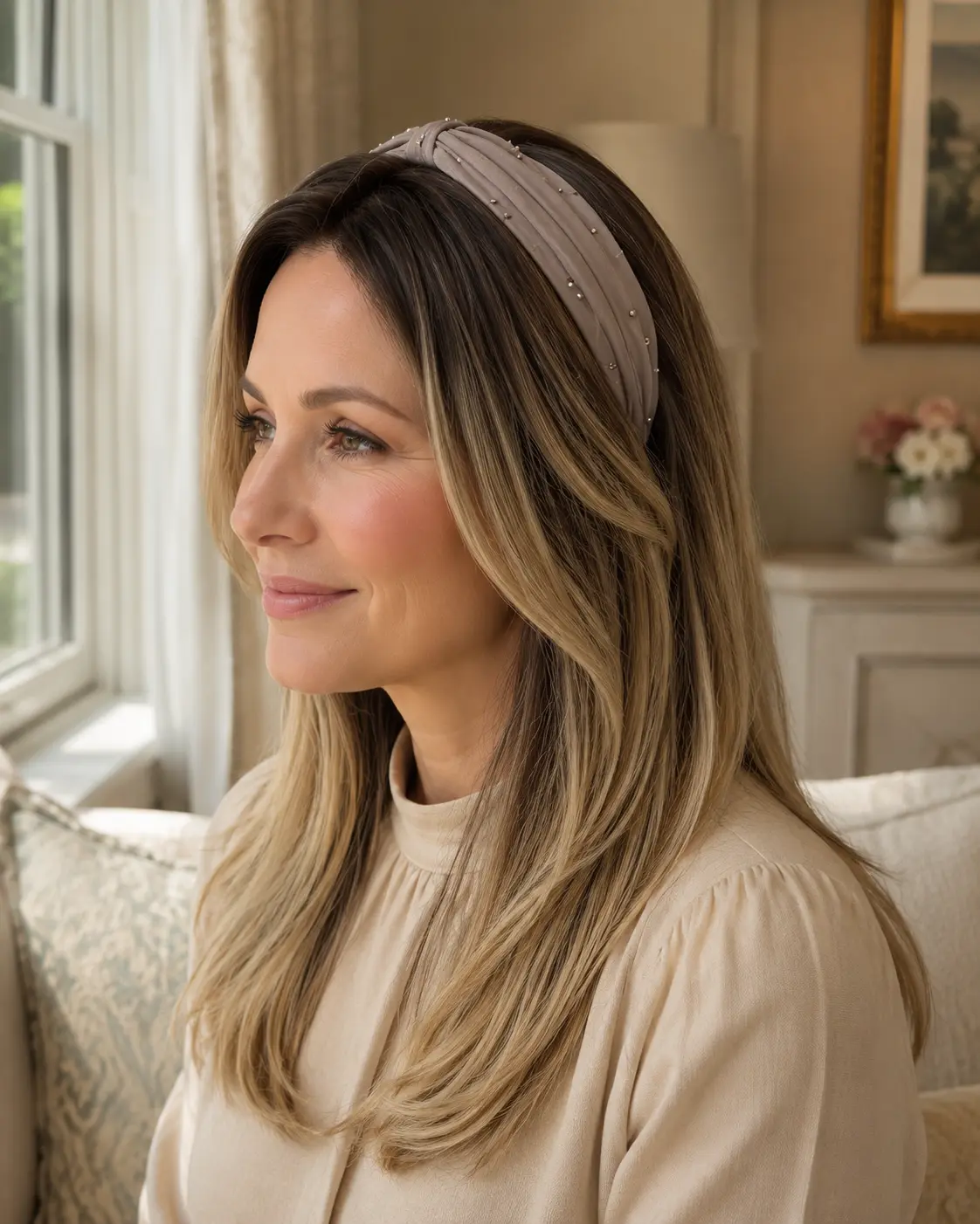 Woman wearing a topper with natural blending at the crown