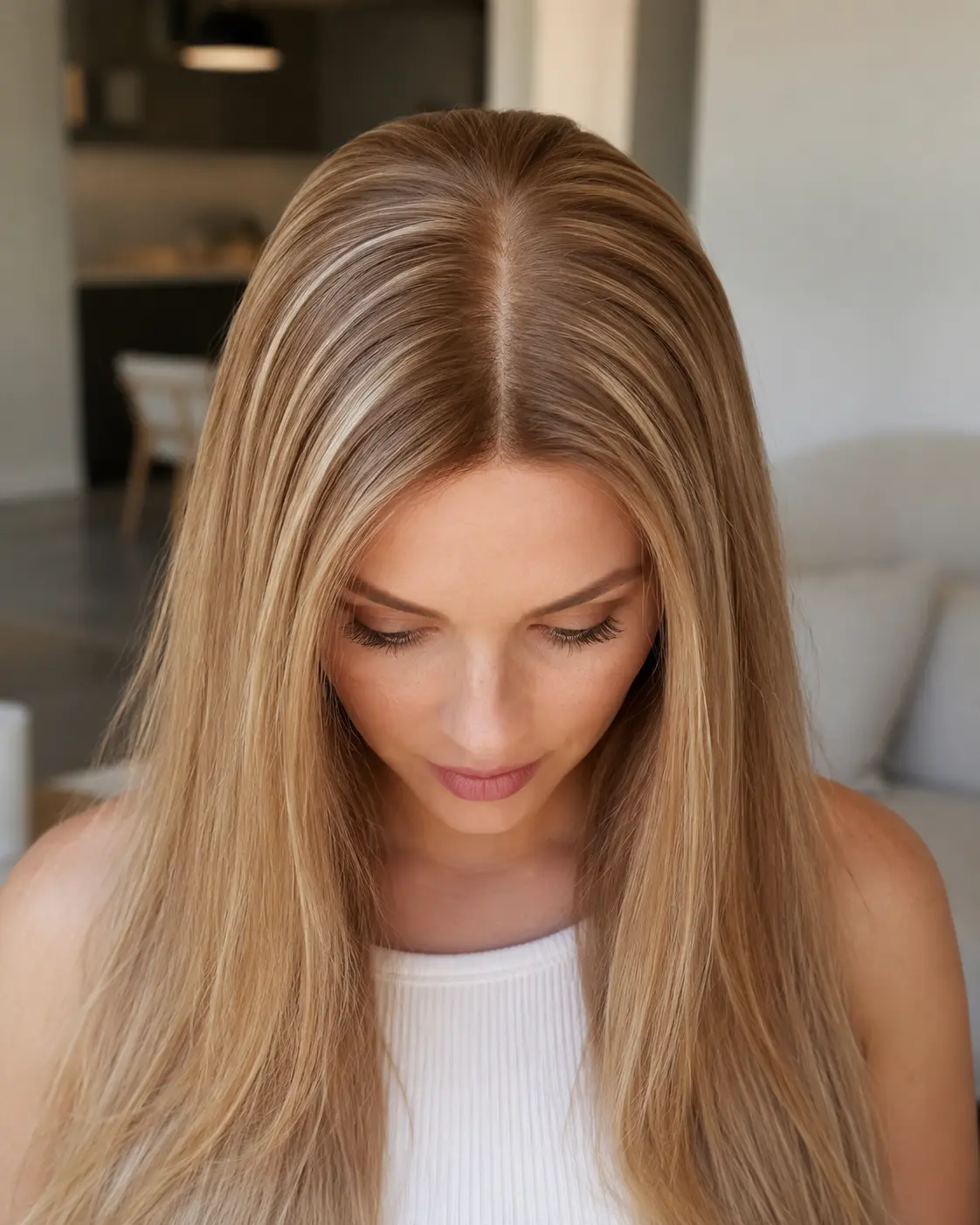 LEV silk top topper demonstrating natural center parting with hair appearing to grow directly from the silk base layer