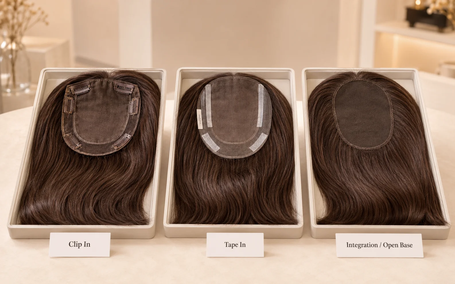 Salon comparison of clip in hair topper tape in topper and integration attachment methods