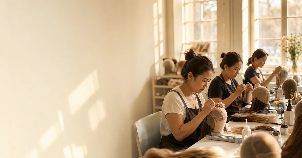 Artisan hand-tying hair strands on a custom Jewish wig base in Qingdao workshop