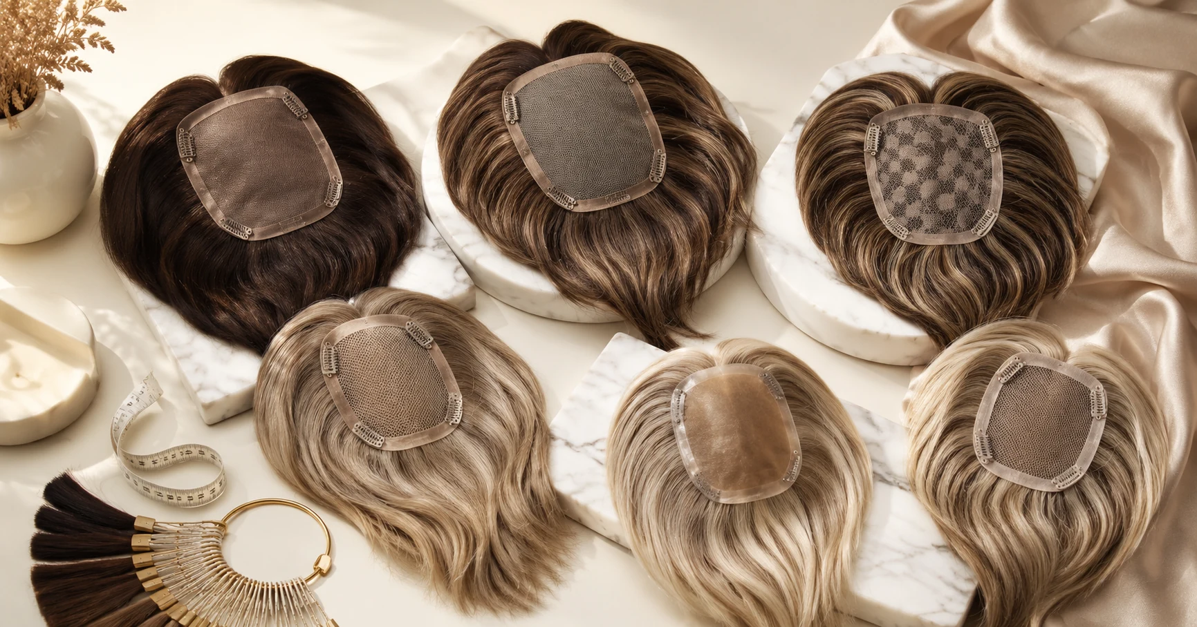 Collection of hair toppers in various base types and sizes arranged on a styling stand with natural hair integration